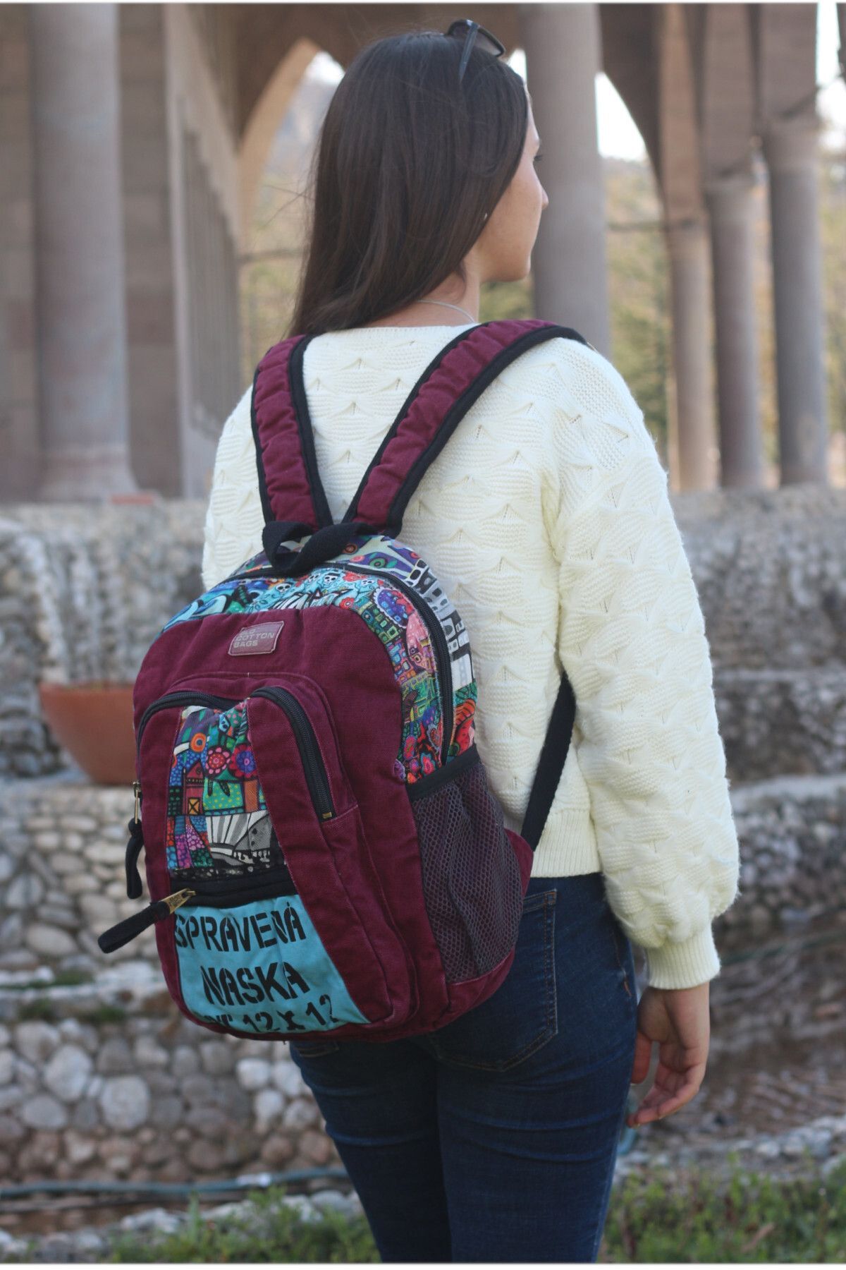 Cargo 5112 Elton Bag Patchwork 13'' inç Laptop Okul Pamuk Kumaş Bordo Sırt Çantası