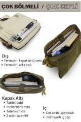 Cappadocia Vintage 4009 Ephesus Salaş Omuz Postacı Yeşil Haki Bej 14 inç Laptop Okul Seyahat Günlük Vintage Pamuk Çanta