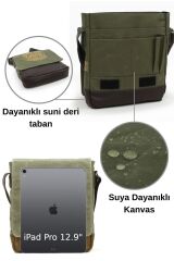 7112 Haki Yeşil Suya Dayanıklı Mumlu Kanvas Çapraz Askılı Postacı Omuz Okul Çantası