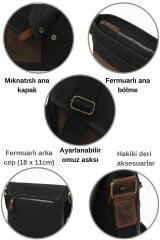 Cappadocia Hakiki Deri Suya Dayanıklı 4035 Teos Koyu Siyah Postacı Omuz Mumlu Kanvas Laptop Çantası