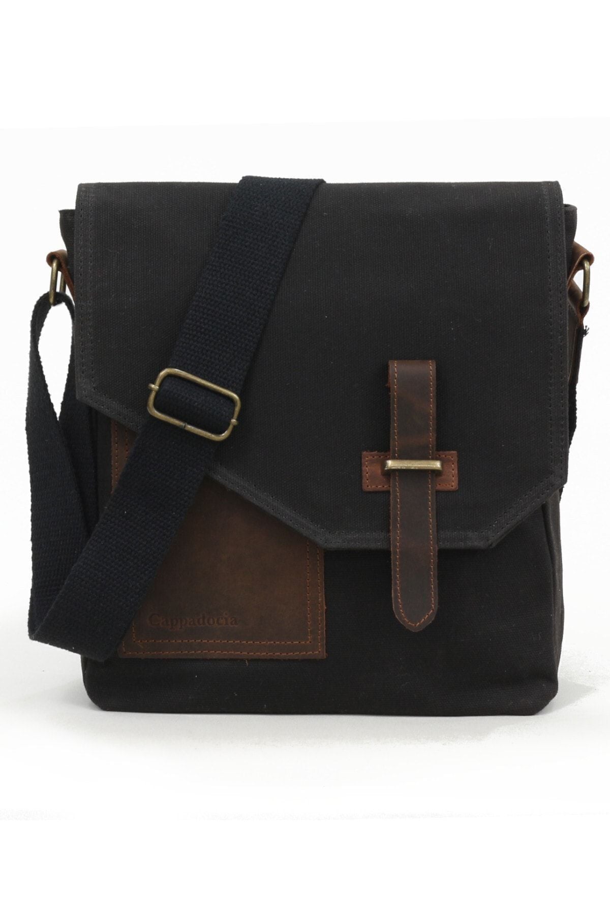 Cappadocia Hakiki Deri Suya Dayanıklı 4035 Teos Koyu Siyah Postacı Omuz Mumlu Kanvas Laptop Çantası