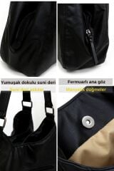 Myra Kadın Siyah Pu Deri Günlük Omuz Çantası Üç Bölmeli Hobo Tote El Çantası