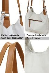 Myra Kadın Siyah Pu Deri Günlük Omuz Çantası Üç Bölmeli Hobo Tote El Çantası Krem