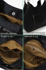 Myra Kadın Siyah Pu Deri Günlük Omuz Çantası Üç Bölmeli Hobo Tote El Çantası Dumanlı Siyah