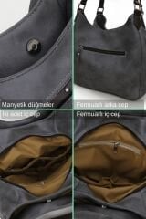 Myra Kadın Siyah Pu Deri Günlük Omuz Çantası Üç Bölmeli Hobo Tote El Çantası Dumanlı Antrasit