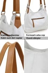 Myra Kadın Siyah Pu Deri Günlük Omuz Çantası Üç Bölmeli Hobo Tote El Çantası Beyaz