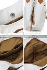 Myra Kadın Siyah Pu Deri Günlük Omuz Çantası Üç Bölmeli Hobo Tote El Çantası Beyaz