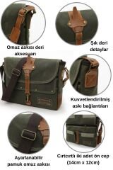 4046 Antiochia Omuz Postacı Suya Dayanıklı Mumlu Pamuk Kanvas Laptop Okul Evrak Seyahat Çantası Haki