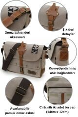 4046 Antiochia Omuz Postacı Suya Dayanıklı Mumlu Pamuk Kanvas Laptop Okul Evrak Seyahat Çantası Bej