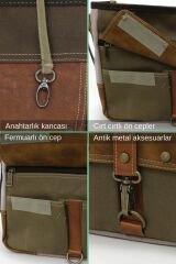 4046 Antiochia Omuz Postacı Suya Dayanıklı Mumlu Pamuk Kanvas Laptop Okul Evrak Seyahat Çantası Bej Taba Haki