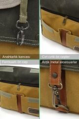 4046 Antiochia Omuz Postacı Suya Dayanıklı Mumlu Pamuk Kanvas Laptop Okul Evrak Seyahat Çantası Bej Haki Hardal