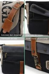 4046 Antiochia Omuz Postacı Suya Dayanıklı Mumlu Pamuk Kanvas Laptop Okul Evrak Seyahat Çantası Bej Gri Siyah