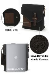 Cappadocia Hakiki Deri Suya Dayanıklı 4035 Teos Koyu Siyah Postacı Omuz Mumlu Kanvas Laptop Çantası Koyu Siyah