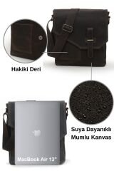 Cappadocia Hakiki Deri Suya Dayanıklı 4035 Teos Koyu Siyah Postacı Omuz Mumlu Kanvas Laptop Çantası Acı Kahve