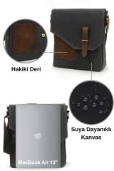 Cappadocia Hakiki Deri Suya Dayanıklı 4035 Teos Koyu Siyah Postacı Omuz Mumlu Kanvas Laptop Çantası Limon Küfü