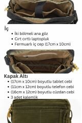 Cappadocia Vintage 4009 Ephesus Salaş Omuz Postacı Yeşil Haki Bej 14 inç Laptop Okul Seyahat Günlük Vintage Pamuk Çanta Antik Haki