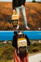 Cappadocia Vintage 4034 Patara Yeşil Krem Sırt Okul Seyahat 15.6 inç Laptop Günlük Notebook Yumuşak Pamuk Kumaş Çanta