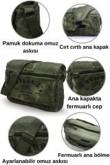 Dark Cotton 8128 Salaş Kanvas Omuz Postacı 15.6'' Laptop Okul Seyahat Günlük Vintage Pamuk Çanta Koyu Haki