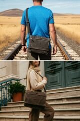 Dark Cotton 8128 Salaş Kanvas Omuz Postacı 15.6'' Laptop Okul Seyahat Günlük Vintage Pamuk Çanta Koyu Kahverengi