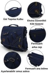 Cappadocia Vintage 4017 Lacivert 14'' Laptop Postacı Okul Çantası Unisex Kilitli Çok Cepli Omuz Askılı