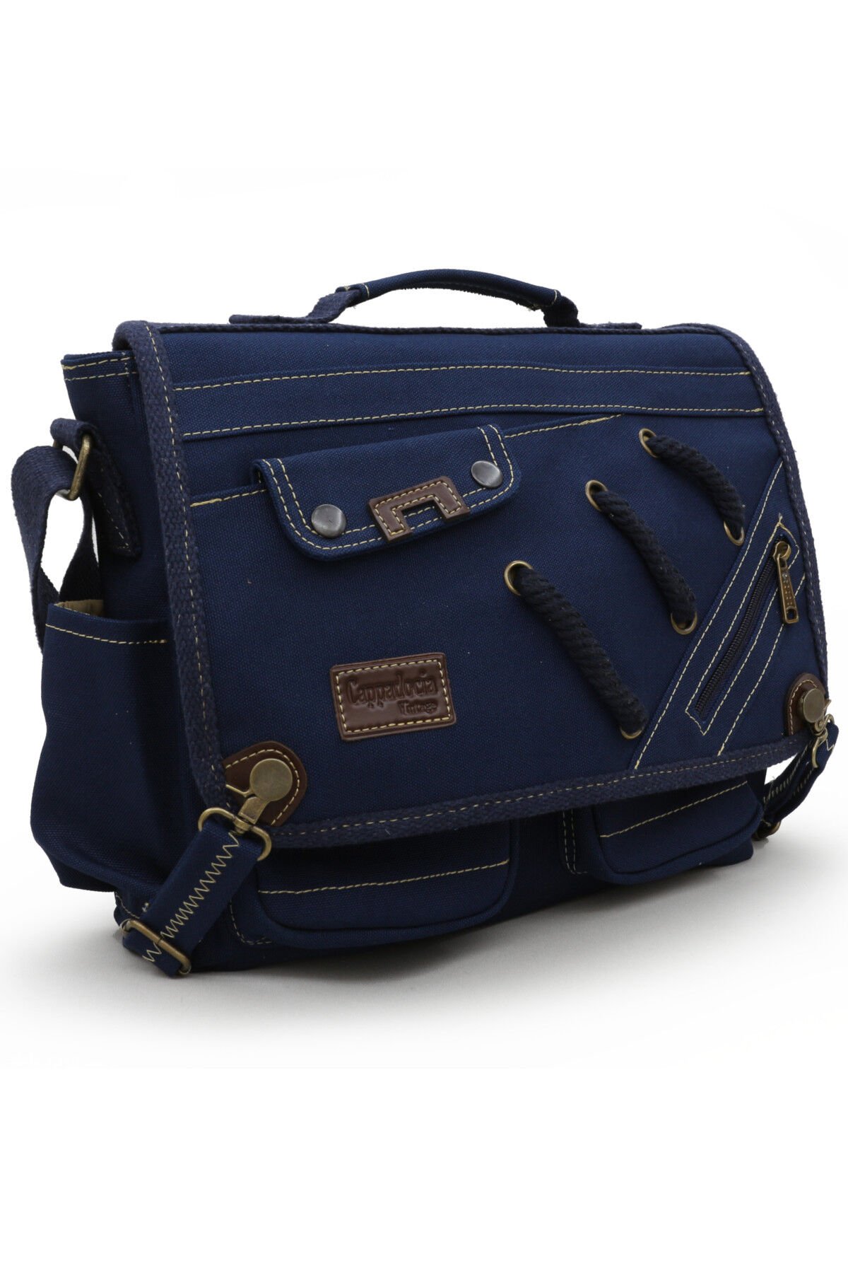Cappadocia Vintage 4017 Lacivert 14'' Laptop Postacı Okul Çantası Unisex Kilitli Çok Cepli Omuz Askılı