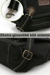 Cappadocia Vintage 4017 Lacivert 14'' Laptop Postacı Okul Çantası Unisex Kilitli Çok Cepli Omuz Askılı Siyah