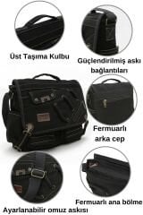 Cappadocia Vintage 4017 Lacivert 14'' Laptop Postacı Okul Çantası Unisex Kilitli Çok Cepli Omuz Askılı Siyah