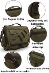 Cappadocia Vintage 4017 Lacivert 14'' Laptop Postacı Okul Çantası Unisex Kilitli Çok Cepli Omuz Askılı Haki