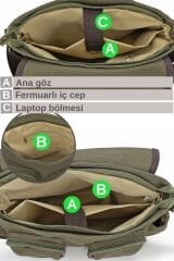 Cappadocia Vintage 4017 Lacivert 14'' Laptop Postacı Okul Çantası Unisex Kilitli Çok Cepli Omuz Askılı Haki