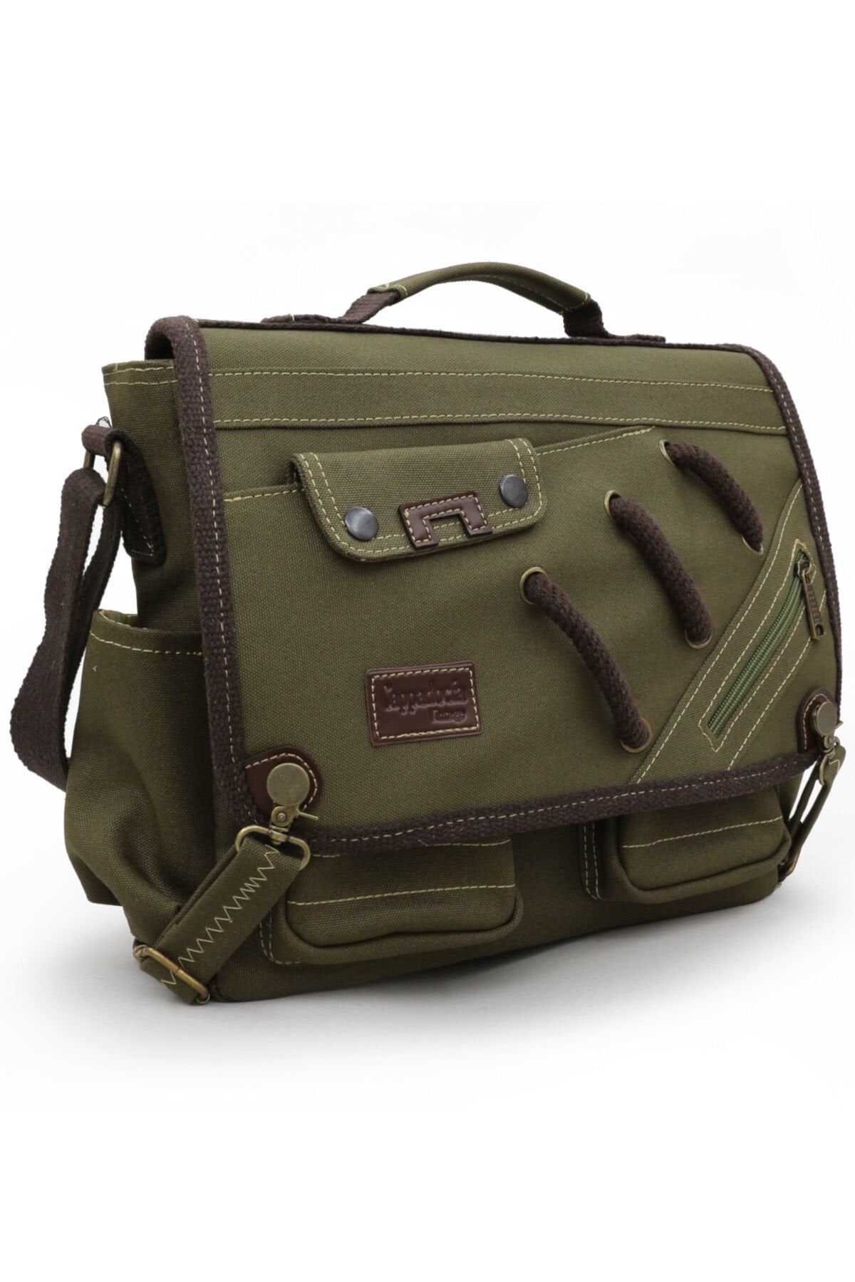Cappadocia Vintage 4017 Lacivert 14'' Laptop Postacı Okul Çantası Unisex Kilitli Çok Cepli Omuz Askılı Haki