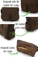 Cappadocia Vintage 4017 Lacivert 14'' Laptop Postacı Okul Çantası Unisex Kilitli Çok Cepli Omuz Askılı Kahverengi