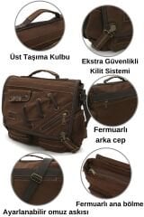 Cappadocia Vintage 4017 Lacivert 14'' Laptop Postacı Okul Çantası Unisex Kilitli Çok Cepli Omuz Askılı Kahverengi