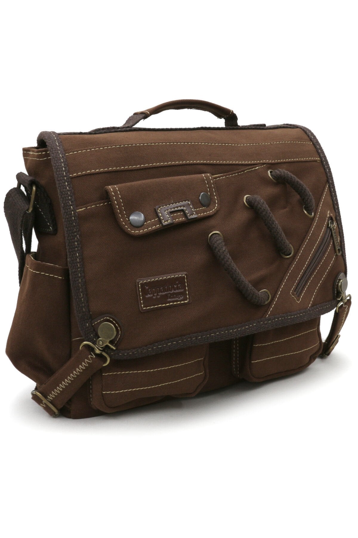 Cappadocia Vintage 4017 Lacivert 14'' Laptop Postacı Okul Çantası Unisex Kilitli Çok Cepli Omuz Askılı Kahverengi