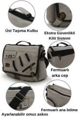 Cappadocia Vintage 4017 Lacivert 14'' Laptop Postacı Okul Çantası Unisex Kilitli Çok Cepli Omuz Askılı Açık Gri