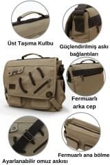 Cappadocia Vintage 4017 Lacivert 14'' Laptop Postacı Okul Çantası Unisex Kilitli Çok Cepli Omuz Askılı Açık Kahverengi
