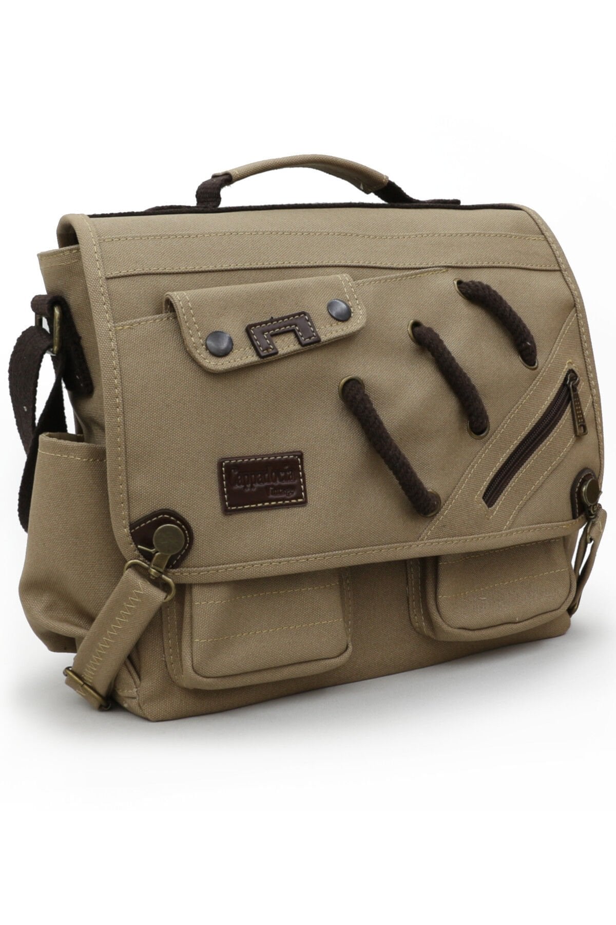 Cappadocia Vintage 4017 Lacivert 14'' Laptop Postacı Okul Çantası Unisex Kilitli Çok Cepli Omuz Askılı Açık Kahverengi