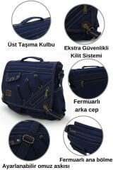 Cappadocia Vintage 4017 Lacivert 14'' Laptop Postacı Okul Çantası Unisex Kilitli Çok Cepli Omuz Askılı Lacivert