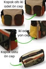 Cappadocia Vintage 4017 Lacivert 14'' Laptop Postacı Okul Çantası Unisex Kilitli Çok Cepli Omuz Askılı Haki - Krem