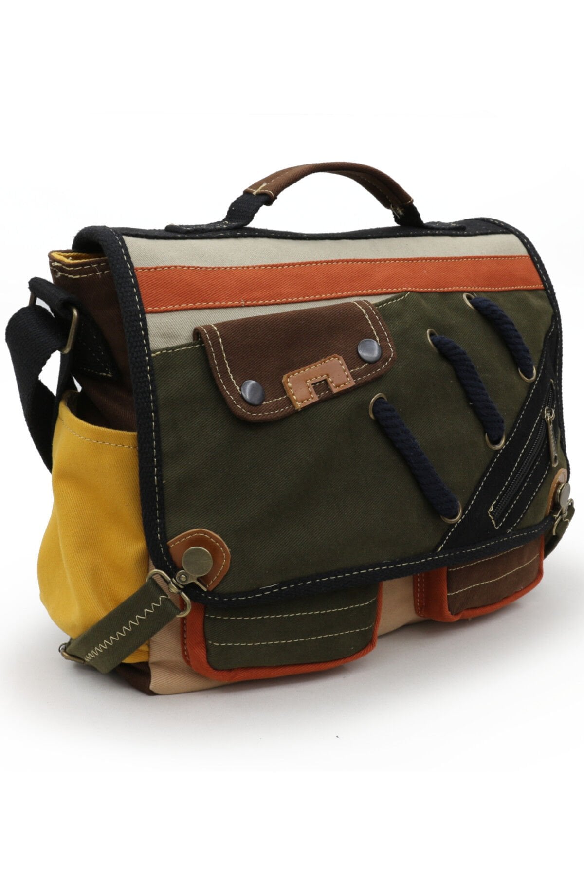 Cappadocia Vintage 4017 Lacivert 14'' Laptop Postacı Okul Çantası Unisex Kilitli Çok Cepli Omuz Askılı Haki - Krem