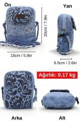 Cappadocia Vintage Kadın Çiçek Desenli Omuz Çantası - Bohem Tarz Mini El ve Telefon Çantası Mavi