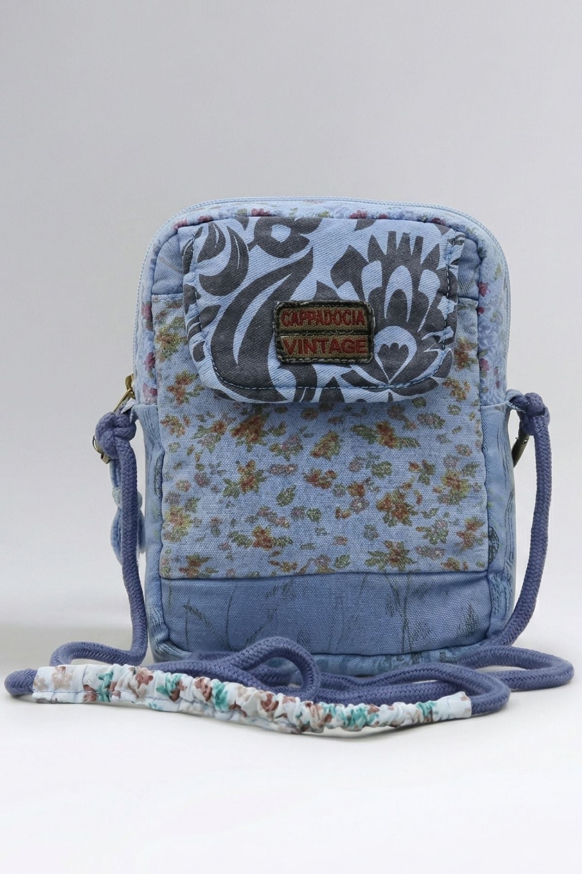 Cappadocia Vintage Kadın Çiçek Desenli Omuz Çantası - Bohem Tarz Mini El ve Telefon Çantası Mavi