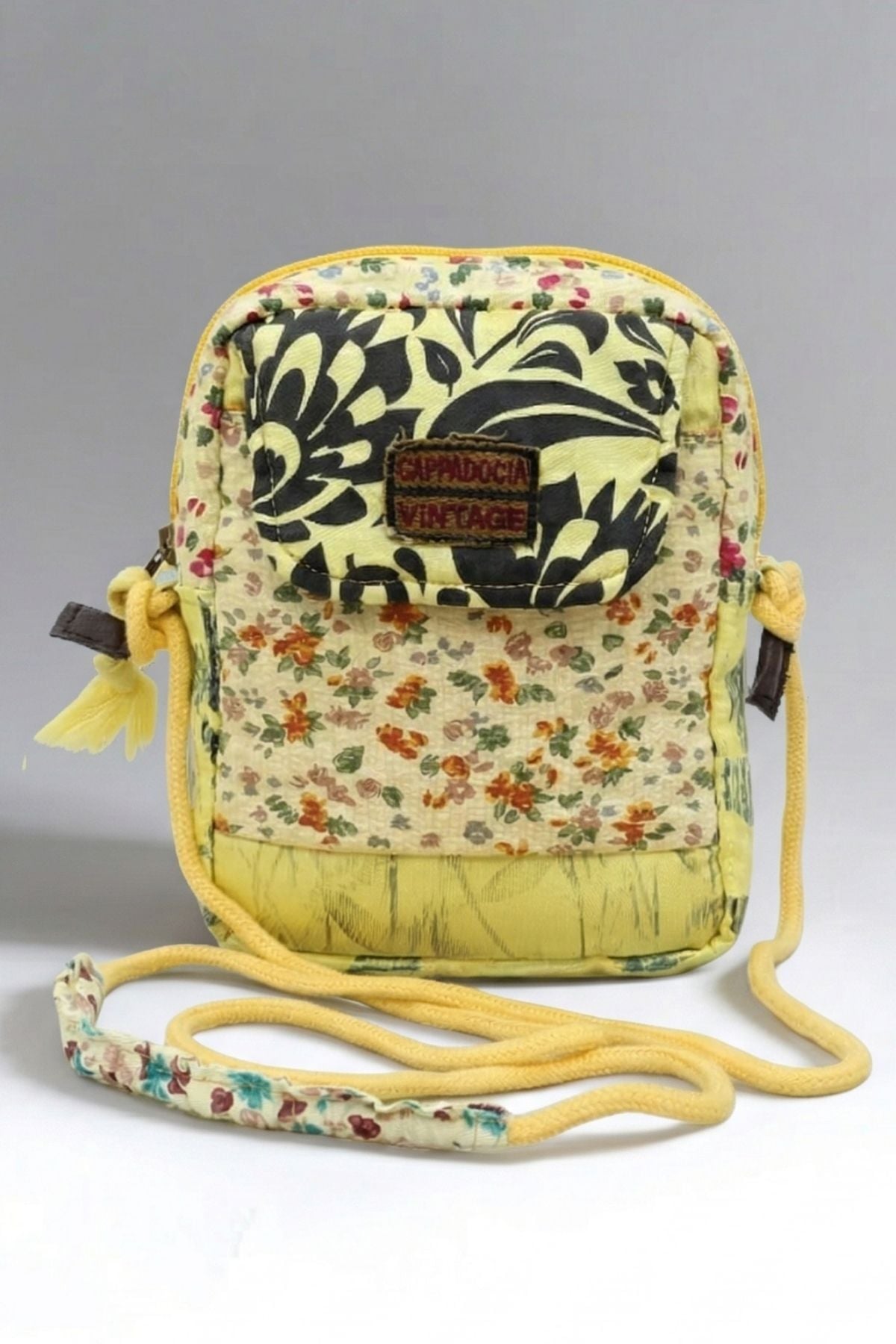 Cappadocia Vintage Kadın Çiçek Desenli Omuz Çantası - Bohem Tarz Mini El ve Telefon Çantası Sarı