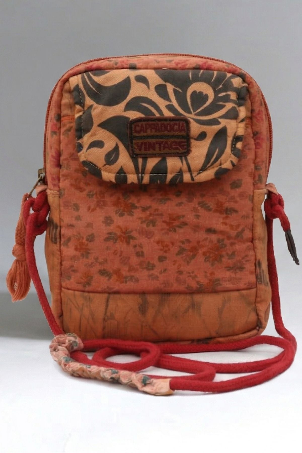 Cappadocia Vintage Kadın Çiçek Desenli Omuz Çantası - Bohem Tarz Mini El ve Telefon Çantası Ateş Kırmızısı