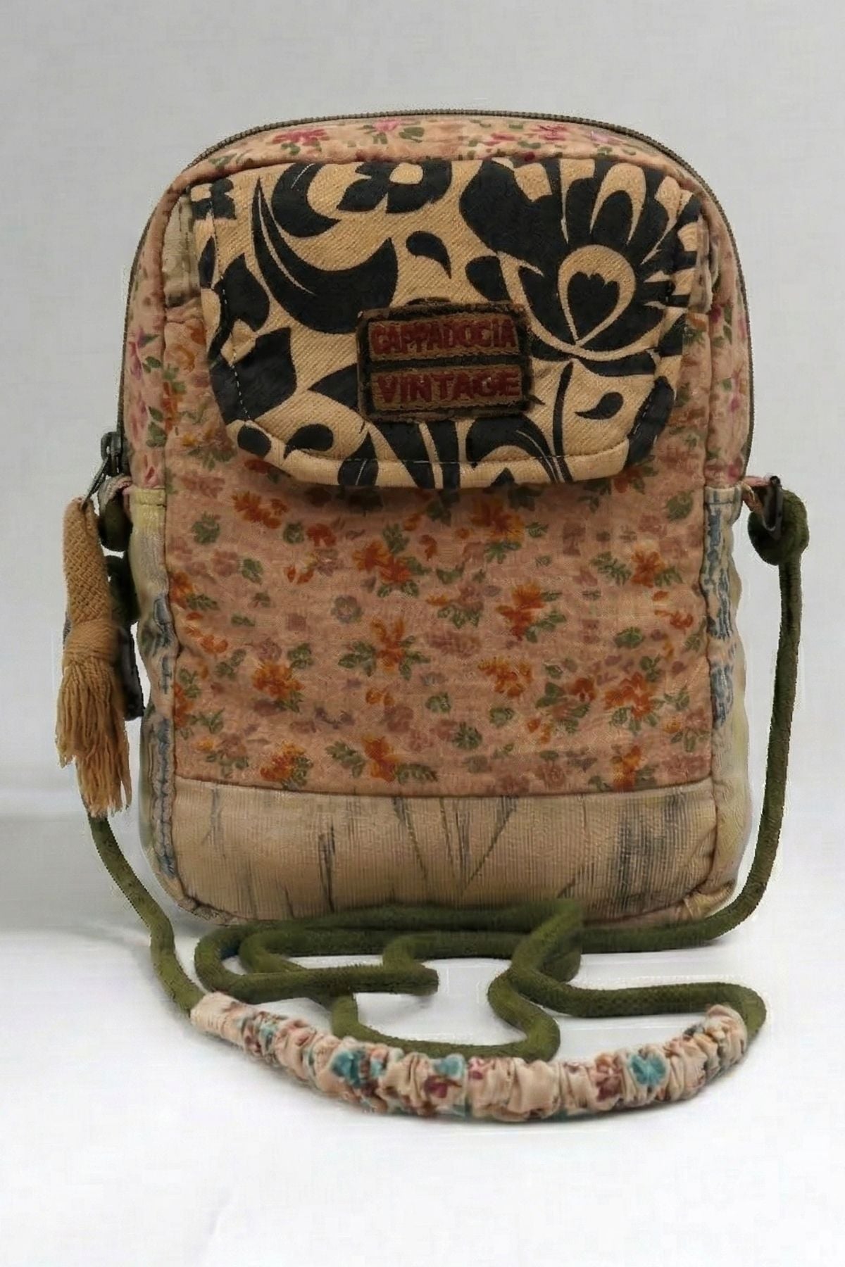 Cappadocia Vintage Kadın Çiçek Desenli Omuz Çantası - Bohem Tarz Mini El ve Telefon Çantası Açık Kahverengi