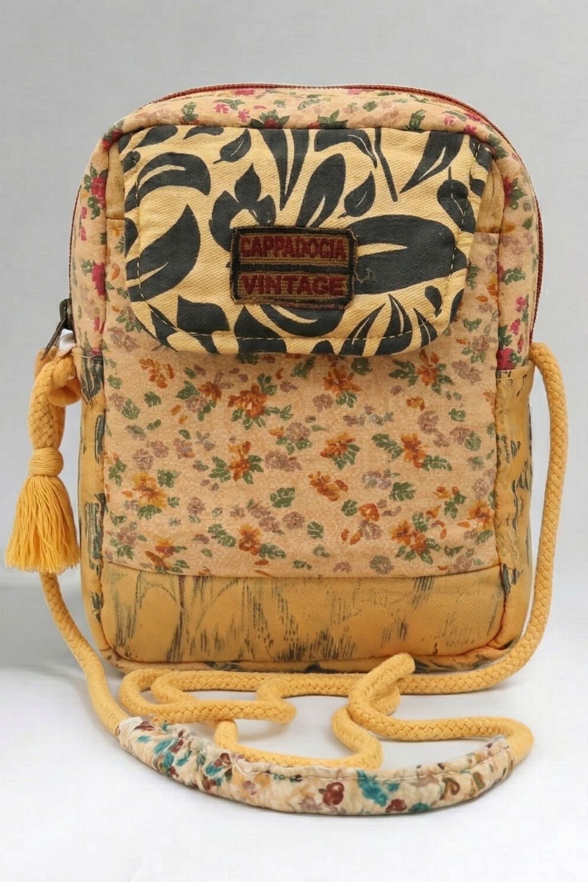Cappadocia Vintage Kadın Çiçek Desenli Omuz Çantası - Bohem Tarz Mini El ve Telefon Çantası Kavun içi