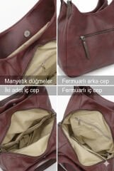 Myra Kadın Siyah Pu Deri Günlük Omuz Çantası Üç Bölmeli Hobo Tote El Çantası Dumanlı Bordo
