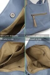 Myra Kadın Siyah Pu Deri Günlük Omuz Çantası Üç Bölmeli Hobo Tote El Çantası Mavi