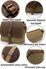 Dark Cotton 7503 Hakiki Deri Kapaklı Suya Dayanıklı Mumlu Kanvas 15” Laptop, Okul, Evrak Seyahat Çantası Camel