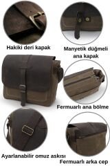Dark Cotton 7503 Hakiki Deri Kapaklı Suya Dayanıklı Mumlu Kanvas 15” Laptop, Okul, Evrak Seyahat Çantası Kahverengi
