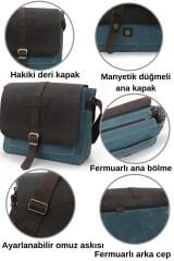 Dark Cotton 7503 Hakiki Deri Kapaklı Suya Dayanıklı Mumlu Kanvas 15” Laptop, Okul, Evrak Seyahat Çantası Turkuaz